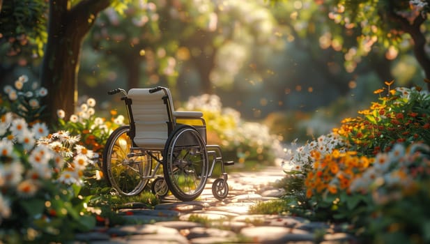 A wheelchair is stationed on an asphalt path surrounded by lush green grass, towering trees, and vibrant plants in a serene garden landscape