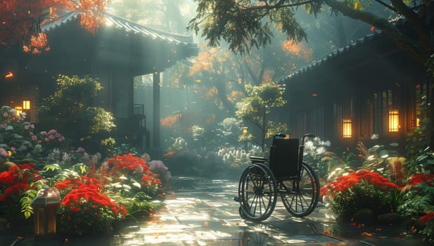 A wheelchair is placed by the side of a garden path, next to a bicycle wheel, surrounded by plants and flowers. The asphalt road leads to a water feature nearby