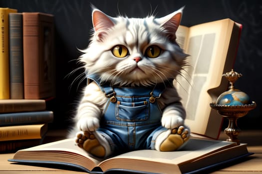 cute cat in denim overalls among books .