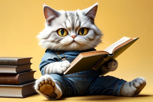 cute cat in denim overalls among books .