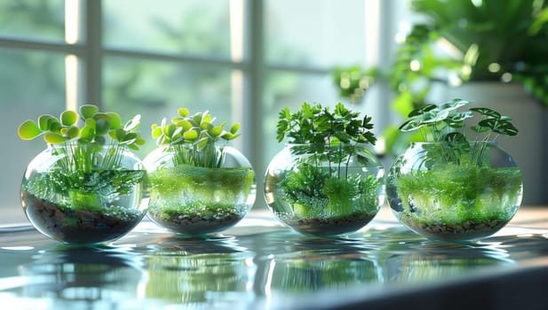 Four glass vases filled with water and various terrestrial plants such as green grass and shrubs are placed on the table as an art display