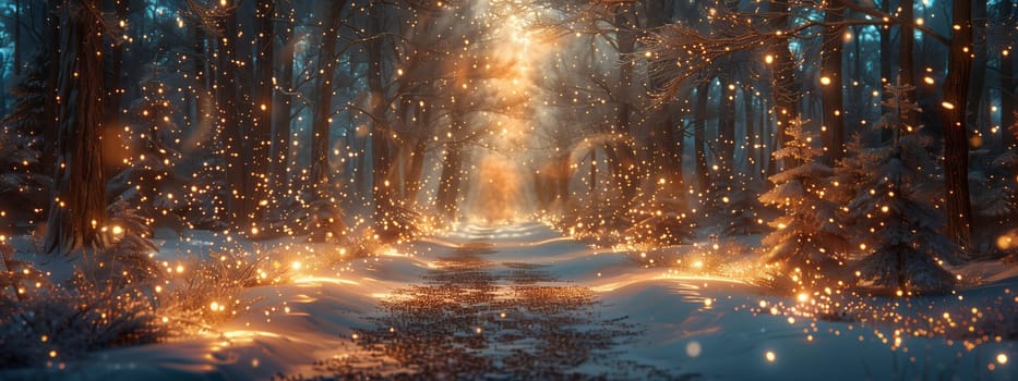 A snowy forest path illuminated by lights from the trees, creating a magical and enchanting natural landscape resembling a painting in the darkness