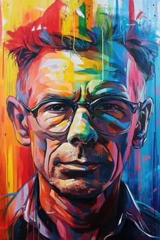 The comic colourful picture of the short hair male adult human head and has been wearing sunglasses with straight face yet picture fill with various colour that make picture fill with emotion. AIGX01.