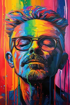 The comic colourful picture of the short hair male adult human head and has been wearing sunglasses with straight face yet picture fill with various colour that make picture fill with emotion. AIGX01.