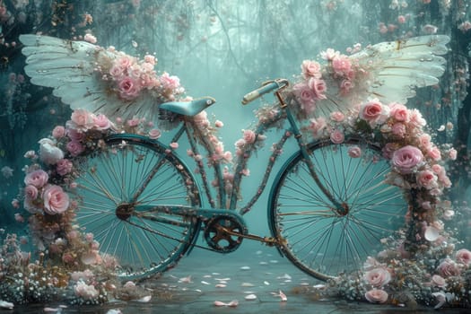 retro bike decorated with flowers on a blue background. a romantic postcard.