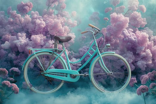 retro bike decorated with flowers on a blue background. a romantic postcard.