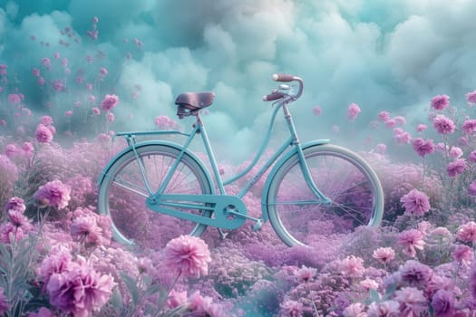 retro bike decorated with flowers on a blue background. a romantic postcard.