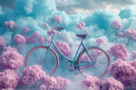 retro bike decorated with flowers on a blue background. a romantic postcard.