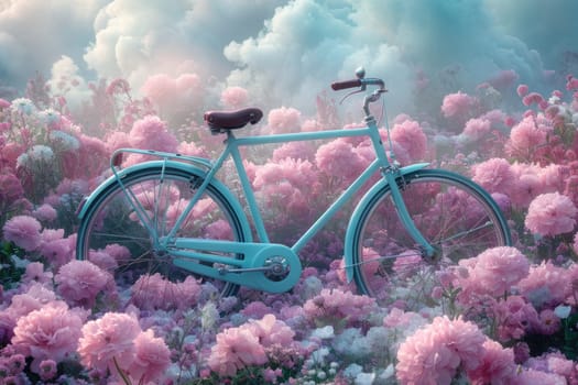 retro bike decorated with flowers on a blue background. a romantic postcard.