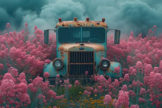 An old truck in a flower bed. Decor.