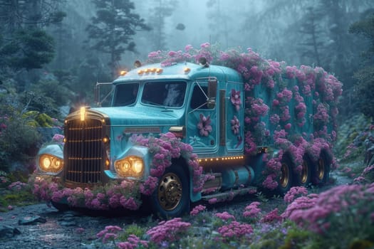 An old truck in a flower bed. Decor.