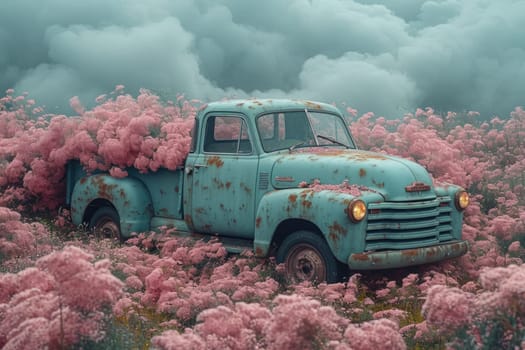 An old truck in a flower bed. Decor.