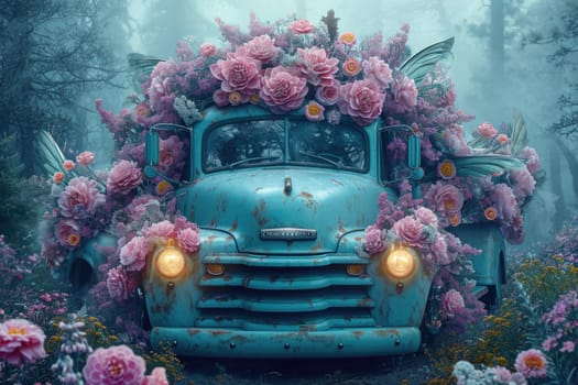 An old truck in a flower bed. Decor.