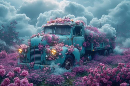 An old truck in a flower bed. Decor.