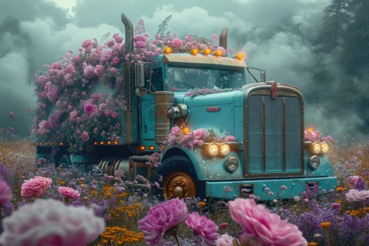 An old truck in a flower bed. Decor.