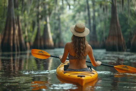 A tourist girl is canoeing on a mysterious river in the jungle.