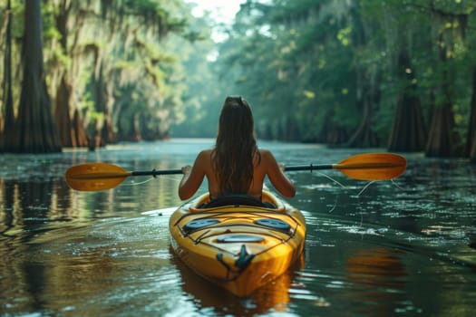 A tourist girl is canoeing on a mysterious river in the jungle.