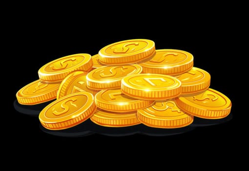 A pile of golden coins in the style of a cartoon game icon with a black background.