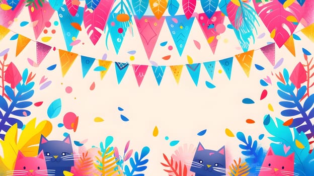 A vibrant background featuring colorful flags, leaves, and cats in a symmetrical pattern. Bright magenta and electric blue hues create a lively textile art perfect for an event