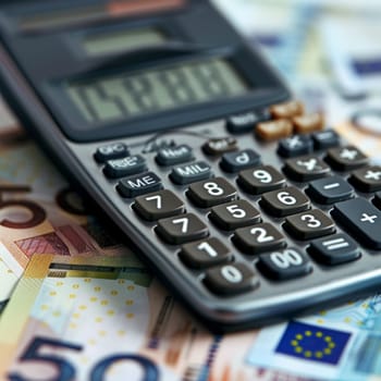closeup of calculator on top of euro banknotes.