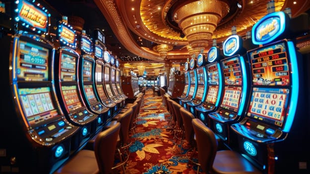 A row of slot machines are lined up in a casino.