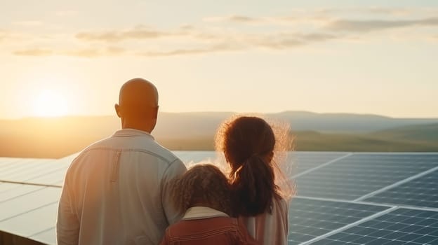 Family, children, man uses solar panel and windmill on the street. Renewable energy source energy. Green energy, energy saving, caring attitude of men and women towards the environment and nature. Clean energy demonstrating sustainable energy sources