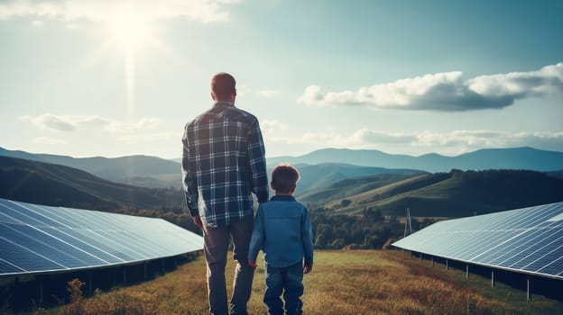 Family, children, man uses solar panel and windmill on the street. Renewable energy source energy. Green energy, energy saving, caring attitude of men and women towards the environment and nature. Clean energy demonstrating sustainable energy sources