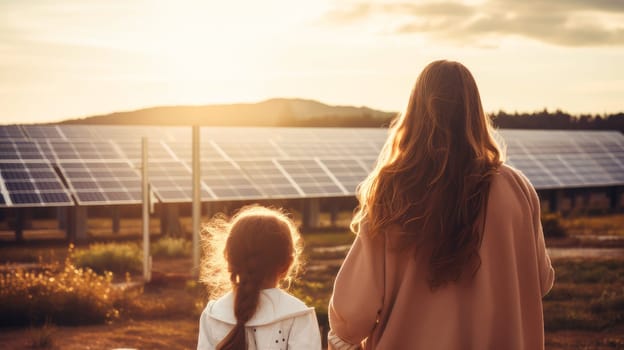 Family, children, man uses solar panel and windmill on the street. Renewable energy source energy. Green energy, energy saving, caring attitude of men and women towards the environment and nature. Clean energy demonstrating sustainable energy sources