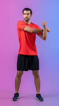 Full body length gaiety shot athletic and sporty young man with fitness warmup and stretching body for pre exercise posture on isolated background. Healthy active and body care lifestyle.