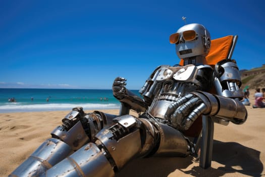 The robot is resting on a chaise longue. The robot is sunbathing on a sunny beach near the sea.