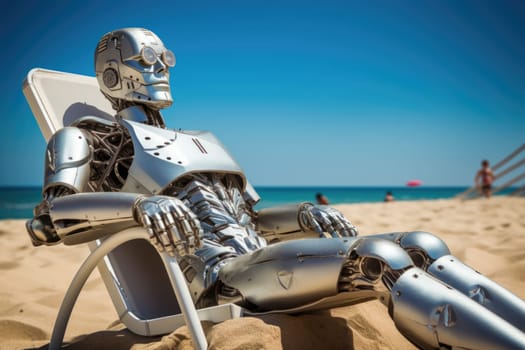 The robot is resting on a chaise longue. The robot is sunbathing on a sunny beach near the sea.