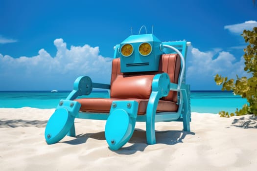 The robot is resting on a chaise longue. The robot is sunbathing on a sunny beach near the sea. Animation.