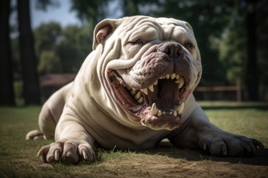 Angry bulldog with big teeth on the street.