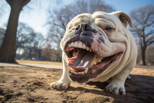 Angry bulldog with big teeth on the street.