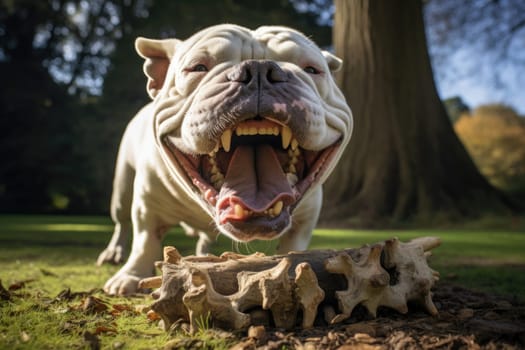 Angry bulldog with big teeth on the street.