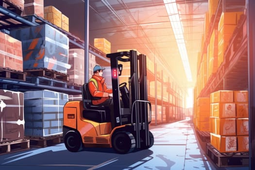 storage and transportation of goods in a warehouse, delivery and shipping equipment. Animation.