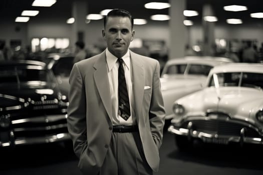 A man in a formal suit against the background of many old cars. Retro photography.