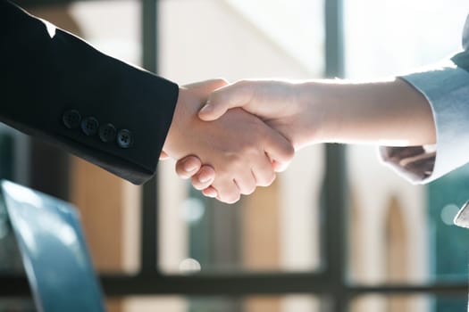 Two people shaking hands in a business setting. Scene is professional and formal. The handshake symbolizes agreement and trust between the two individuals