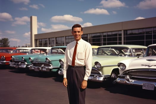 A man in a formal suit against the background of many old cars. Retro photography.