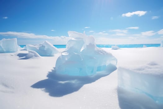 Winter natural background with fragments of blue ice and piles of fragments of ice floes on the lake on a sunny frosty day.