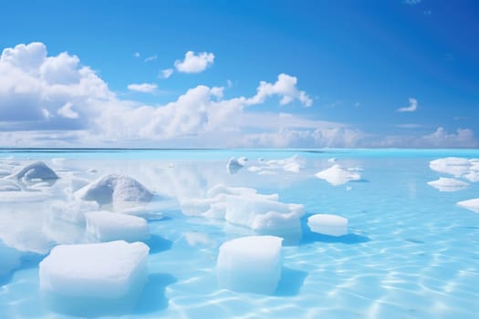 Winter natural background with fragments of blue ice and piles of fragments of ice floes on the lake on a sunny frosty day.