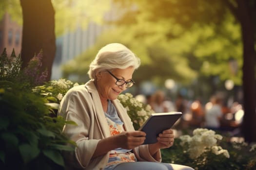 An elderly lady in casual attire and glasses sits on a bench during the day and reads a book.