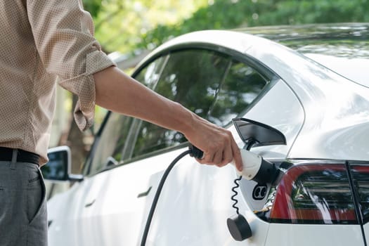 Young man recharge electric car's battery from charging station in outdoor green city park in springtime. Rechargeable EV car for sustainable environmental friendly urban travel lifestyle. Expedient