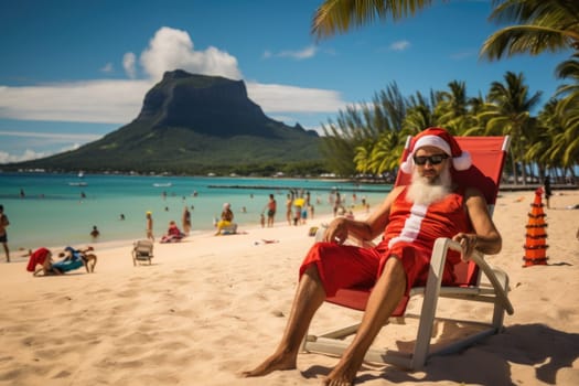 Santa Claus spends his vacation on a tropical beach sitting in a sun lounger.