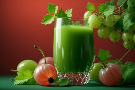 gooseberry juice in a glass isolated on a red background .