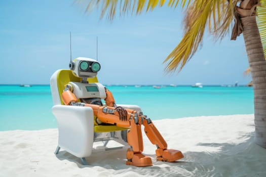 The robot is resting on a chaise longue. The robot is sunbathing on a sunny beach near the sea. Animation.