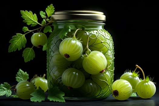 ripe gooseberry jam in a glass isolated on a green background .