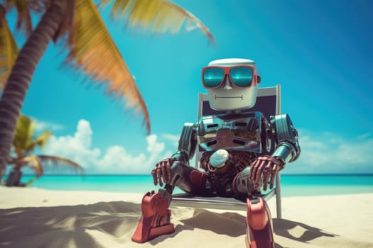 The robot is resting on a chaise longue. The robot is sunbathing on a sunny beach near the sea. Animation.