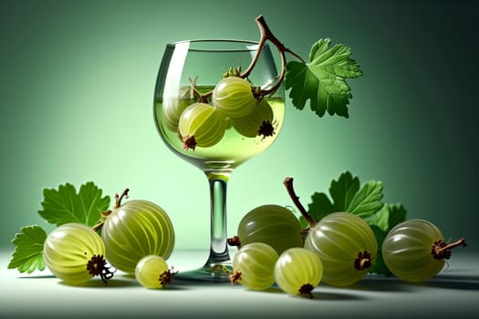 gooseberry liqueur, wine in a glass isolated on a green background .