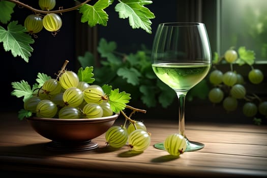 gooseberry liqueur, wine in a glass isolated on a green background .